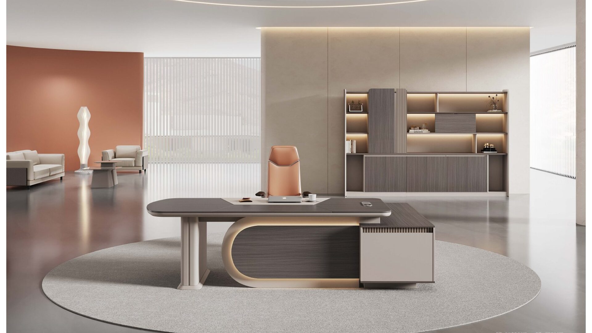 Office furniture by YAJU: executive desk, erg chair and full-height storage